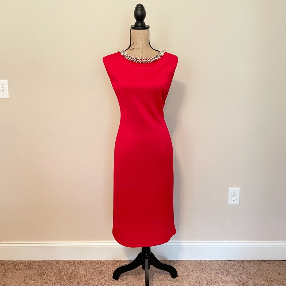 Chic Red Dress w/ Gold Beaded Neckline